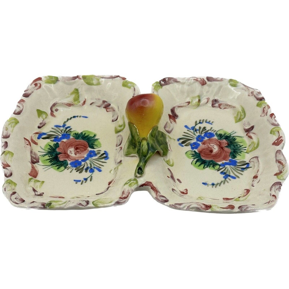 Vtg Italy Serving Divided Dish Tray Nuts Veggie Pear Handle HandPainted‎ Italian